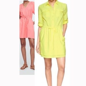 GAP Neon Orange Shirt Dress 3/4 sleeve roll sleeve sz S Tall 100% cotton